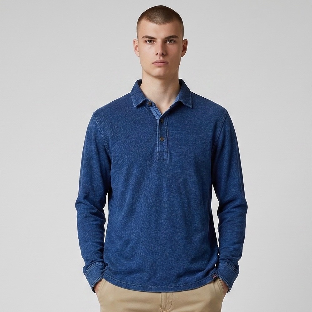 Faherty Long Sleeve Polo Shirt Mens Large Indigo Blue Slub Cotton Casual Coastal
